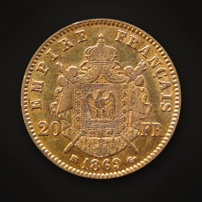 Revers d'une pièce de 20 francs or Napoléon III de 1869 marquée BB