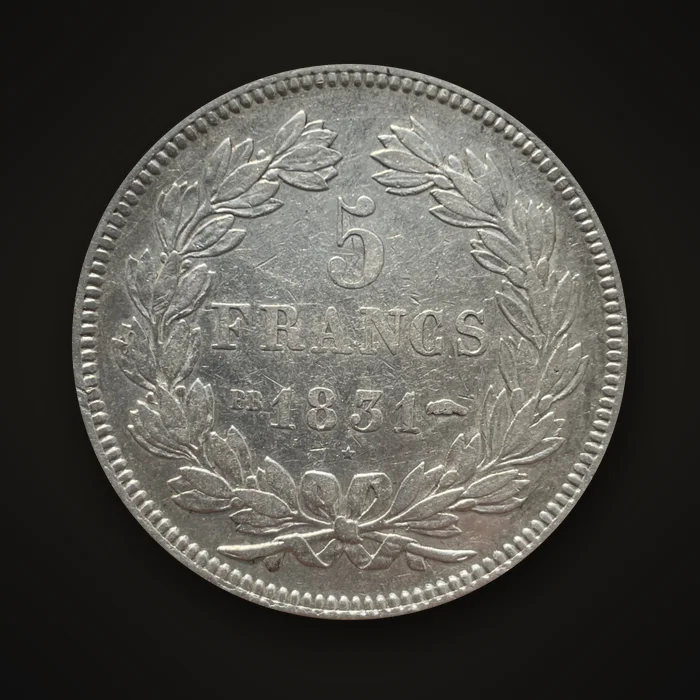 Revers d'une pièce de 5 francs Louis-Philippe de 1831 frappée à Strasbourg