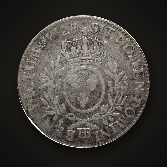 Revers d'un écu de Louis XV de 1728 marqué BB, atelier de Strasbourg