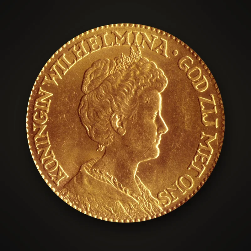10 florins or néerlandais de 1911, avers : buste de la reine Wilhelmine