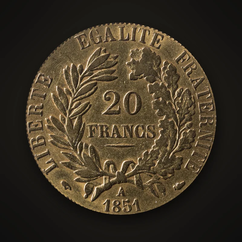 20 francs or Cérès de 1851, revers : valeur entre deux branches, devise Liberté Égalité Fraternité