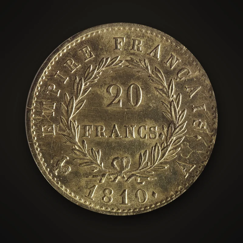 20 francs or de 1810, revers Empire français : valeur dans une couronne de laurier