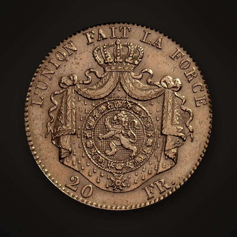 20 francs or belge de Léopold II, revers : écu au lion couronné, devise « L’union fait la force »