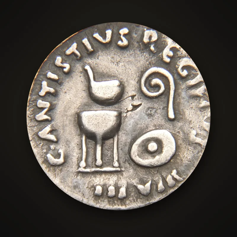 Denier en argent d’Auguste, instruments du culte, revers